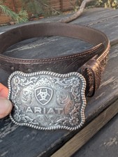 Ariat Boys Distressed Tooled Brown Leather Belt w/ Antique Silver Roped Buckle