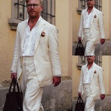 Linen Men's Suits 2Pcs Summer Beach Tuxedos Business Coat Wedding Groom Jacket