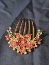 Vintage Style Pink Flower Decorative Hair Comb Rhinestones Iridescent New