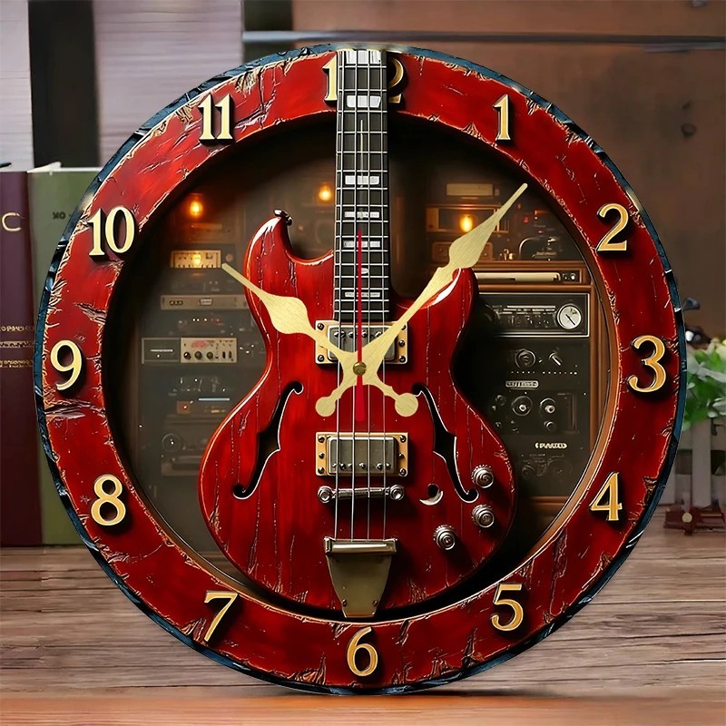 Modern 25cm Wall Clock - Vintage Red Guitar Design for 2D Home