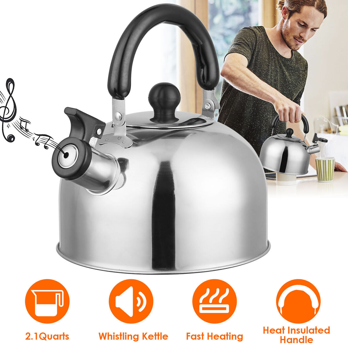 2.1 Quarts Stainless Steel Whistling Tea Kettle Office Kitchen