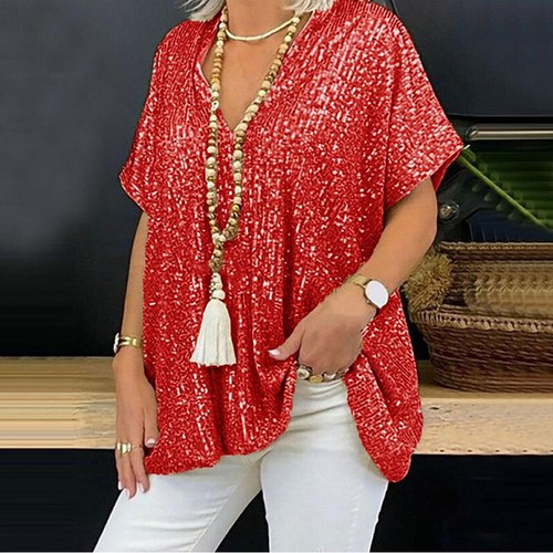 Short Sleeve Casual Sequins Pullover Blouse Ladies T Shirt Loose Summer Tops - Picture 24 of 29