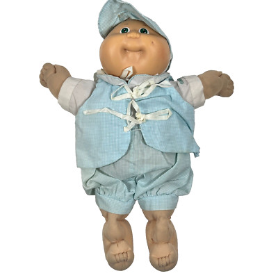 1984 Cabbage Patch Kids Doll Bald Baby Blue Plaid Outfit White Shirt Green Eyes