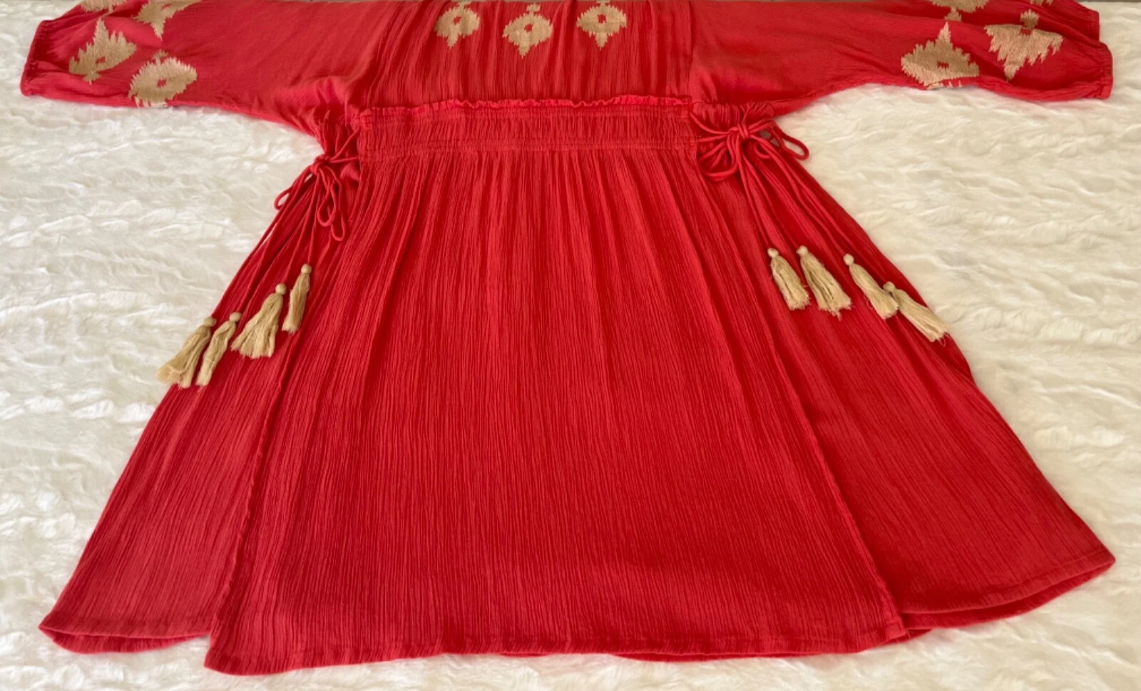 OFF WHITE Abito Sand & Spirit taglia M corallo bianco sporco ricamato nappa manica 3 4 boho