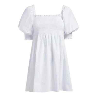 Hill House The Athena Nap Dress Short Puff Sleeve Sheer White Swiss Dot Size Med