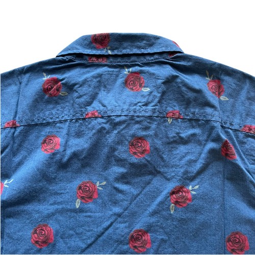 Hollister Men's Stretch Casual Red Rose Pattern Trendy Short Sleeve Shirt Blue - Picture 7 of 10