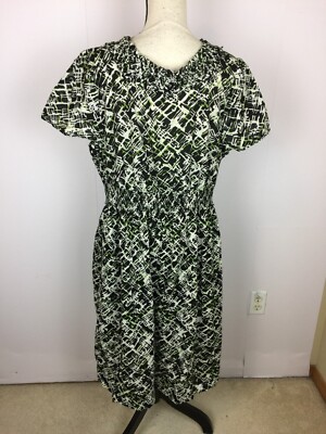 green leaves woman dress tony hilfiger 16 Tommy Hilfiger A-line Dress Sz 16 Womans Green Black V-Neck Short Sleeve Smocked