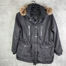 Womens Black Ellos Full Zip Parka Jacket Faux Fur Hood Trim 4 Pocket Size 20