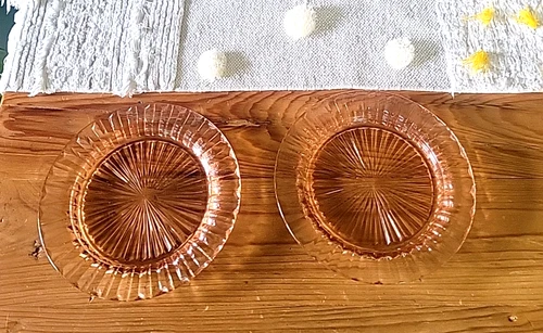 Pink Depression Glass 6 3/4" Dessert Plates Starburst Ribbed Pattern Set of 2