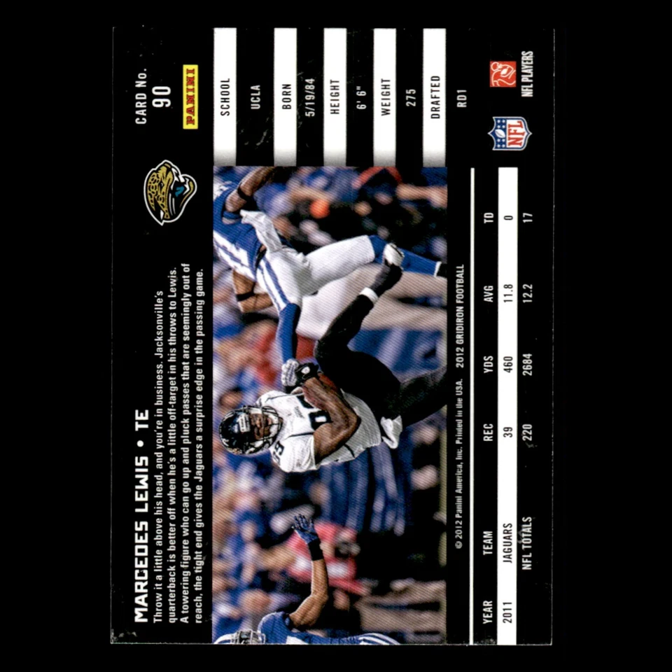 Marcedes Lewis #90 2012 Panini Gridiron Jacksonville Jaguars Football Card NFL - Image 2 of 3