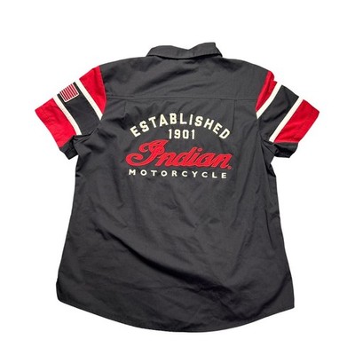 Y2K Indian Motorcycle Womens XL Black Red Racing Button Up Short Sleeve Patch