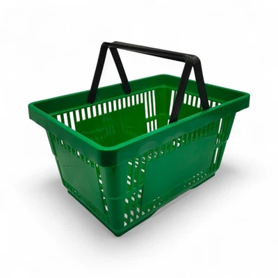 SHOPLINES SUPPLIES LIMITED 22L Green Plastic Shopping Basket –HDPE, Foldable Handles, Stackable Retail Use