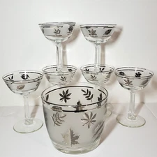 Set of 6 Vintage Libby Frosted Silver Leaf Champagne glasses w/ Ice Bucket
