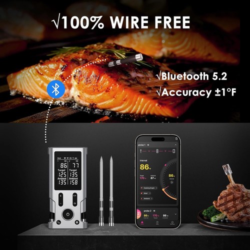 Wireless Meat Thermometer, 800FT Bluetooth Cooking 2 Ultra-Thin... - Bild 2 von 6