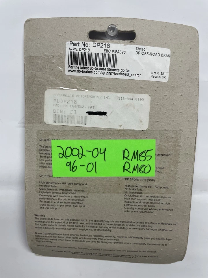 DP Brakes DP218 Standard Sintered Brake Pads Suzuki DRZ125 RM80 85 Kawi KLX125 - Image 2 of 2