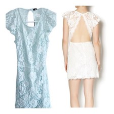 Signature8 Ice Blue Lace Mini Dress Sz Small Lace Backless Cap Sleeve Mint Green