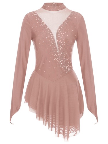 Women Shiny Rhinestone Ice Figure Skating Dress Long Sleeves Ballet Dance Dress - Picture 81 of 94
