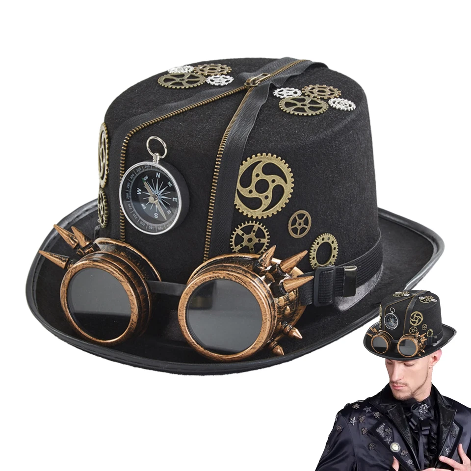 Steampunk Hats With Goggles Vintage Gothic Cosplay Hat Costume For Adults Men - Image 3 of 4