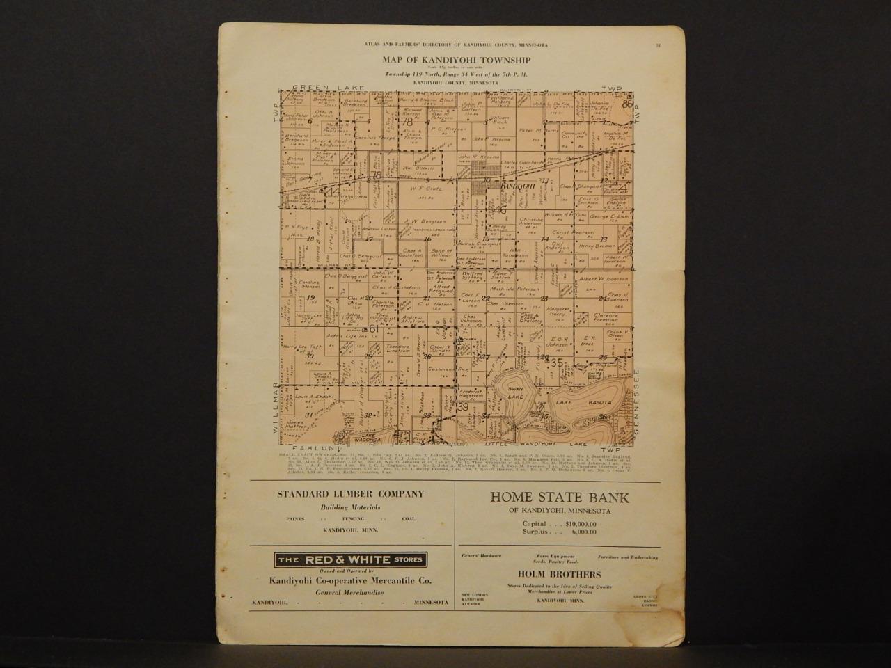 Minnesota Kandiyohi County Map Kandiyohi Township c1930 Y684 eBay