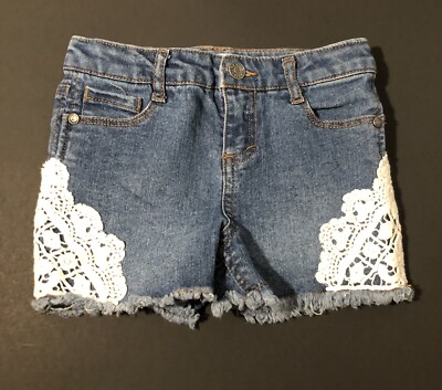 Girls Size 6 Denim Shorts Blue Eric Threads White Crochet Lace Adjustable