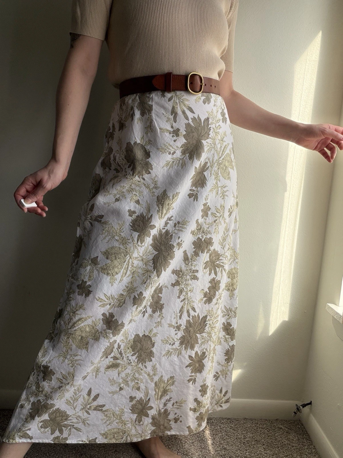 Vintage 90s Karen Kane White & Green Floral Botanical Linen Maxi Skirt Size XL