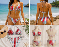 Women's 2 pieces Red White Blue Stars  Stripes Ruffle Triangle Bikini XS