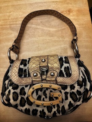 GUESS  VTG Y2K Leopard Print Canvas Shoulder Bag Gold G Logo Animal Print Purse