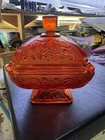 Vintage Jeanette Glass Amberina Square Pedestal Candy Dish w/lid Red Acorn Oak