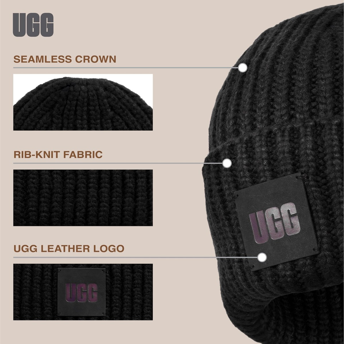 UGG Women's Chunky Rib Knit Warm Winter Beanie Hat, Black, One