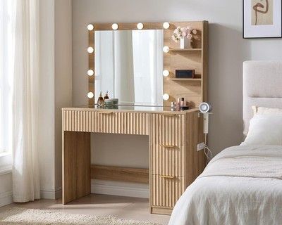 36.2'' Fluted Vanity Desk with Mirror and Adjustable LED Lights 4 Drawers Makeup