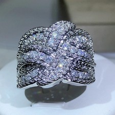 Sterling Silver Band Ring Simulated Zirconia Pave Set Wedding Women Jewelry