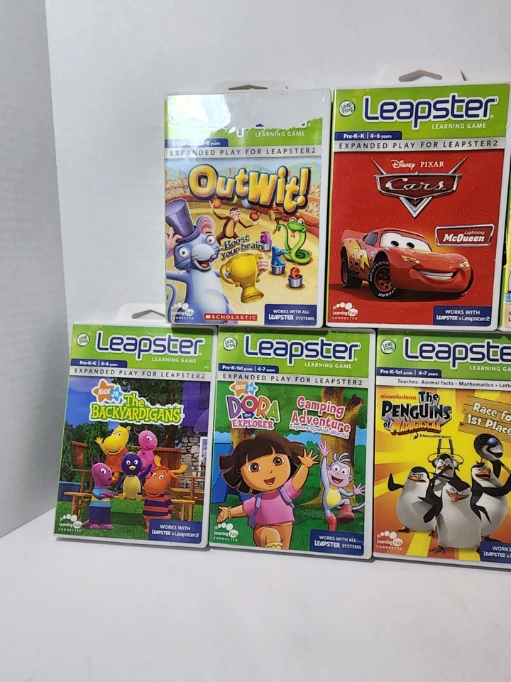 7X LEAPSTER LEARNING GAMES FINDING Toy Story, Dora, Outwit, Cars W/ CASES! - Image 3 of 4