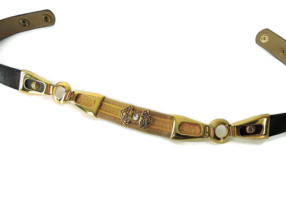 BB Simon Belt Gold-tone Mesh Metal Chain filigree Crystal Black Leather Size M - Image 4 of 4