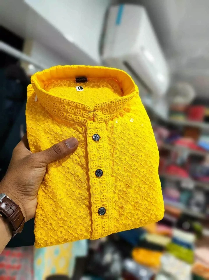 Pijama Kurta étnico paquistaní indio Chikankari trabajo espejo trabajo para hombre Foto 3 de 4
