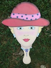 Vintage RED HAT LADIES Unique FAN   Pearl Beads Church Everyday Doll FAN    j8