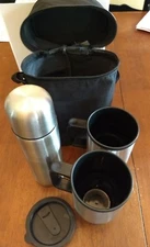 4 PC Stainless Steel Carafe w/Covered Mug Travel Set & Carry Case~Omaha Steaks