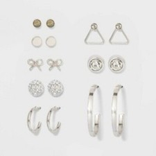 A New Day Silver Triangle and Bow Eight Studs Earring Set