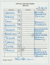 8-26-14 Seattle Mariners - Game Used Lineup Card - Robinson Cano & Kyle Seager