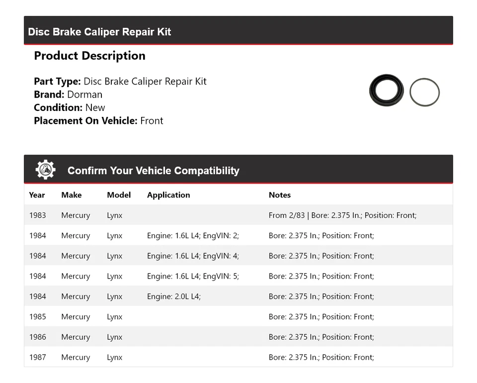 Kit de reparación de pinza de freno de disco delantera para Mercury Lynx Dorman 1983-1987 1984 1985 Foto 2 de 4