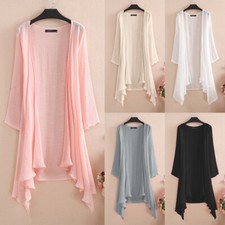 Zanzea Women Long Sleeve Sheer Solid Irregular Hem Cover Up Cardigan Kimono Tops