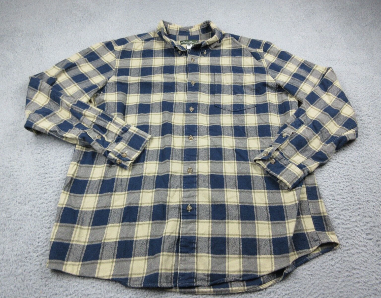 Eddie Bauer Shirt Mens Extra Large Blue Beige Plaid Button Up Flannel Outdoor