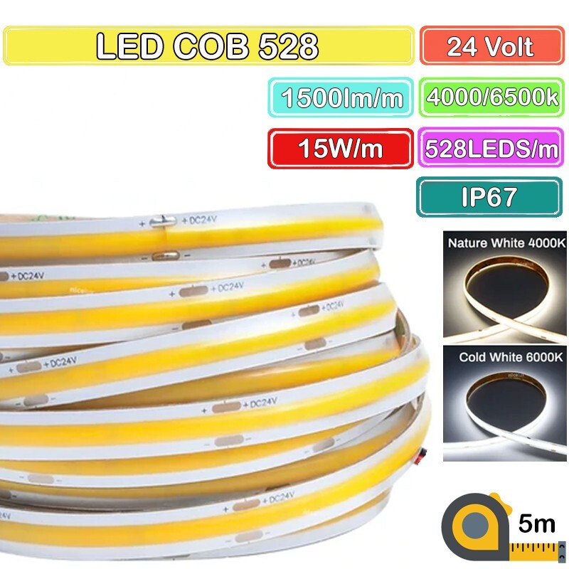 Striscia LED COB 528 LED/m 24V 5m | Illuminazione Lineare Alta Resa CRI90