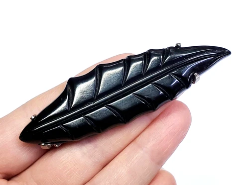 Vintage Art Deco Black Carved Bakelite Leaf Feather Large Pin Brooch Jewelry