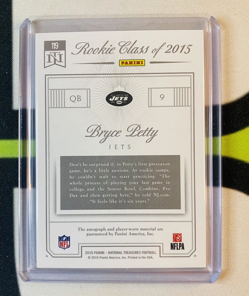 2015 National Treasures Bryce Petty Autograph Rookie Patch Auto RC #44/99 Jets - Image 2 of 2
