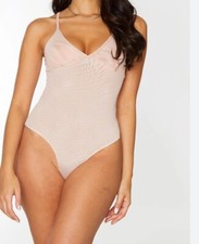 Nude Mesh Plunge Strappy Bodysuit , PLT, Size 6, Brand New