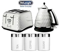 Delonghi Brillante Kettle And Toaster Set + Tea Coffee Sugar Canisters - White Delonghi Brillante Kettle And Toaster Set + Tea Coffee Sugar Canisters - White