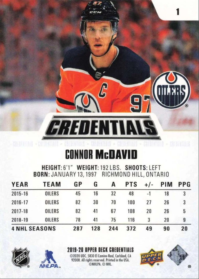 2019-20 Upper Deck Credentials Connor McDavid Edmonton Oilers #1 - Image 2 of 2