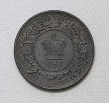 1861 Canada Nova Scotia Queen Victoria 1c Large Cent Uncirculated Brown BN /12