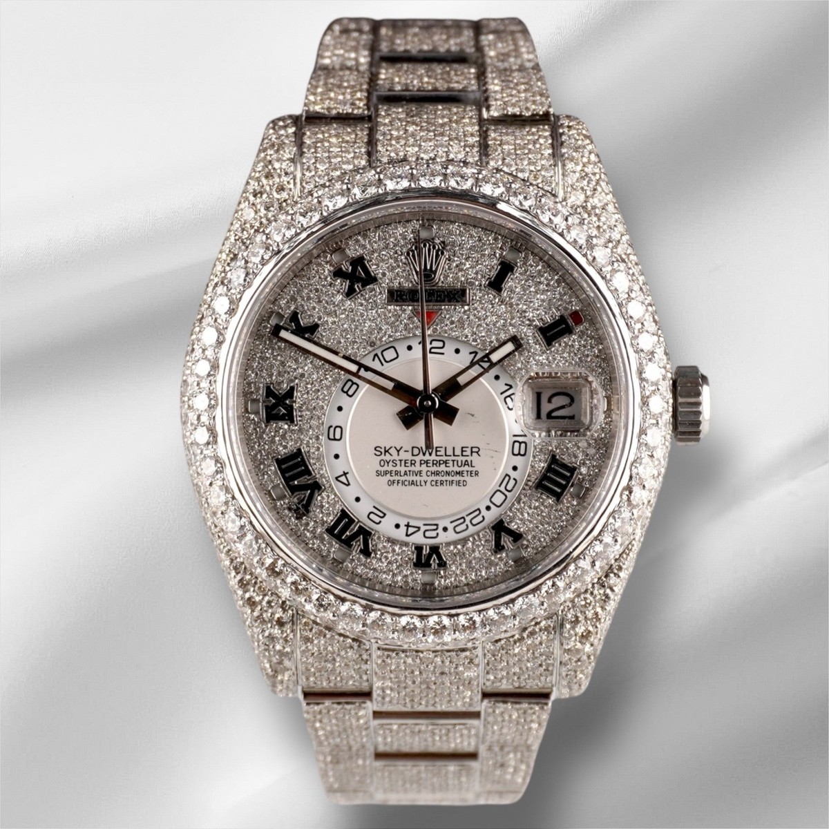 Rolex Sky-Dweller 42mm Steel Oyster Watch Iced Out 25ct Diamonds Ref 326934