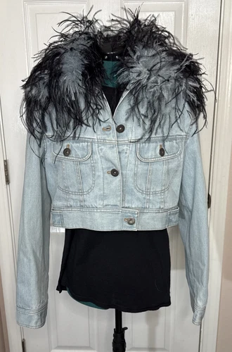 Veste en jean Prada coupe courte amovible bordure plumes taille 44/large